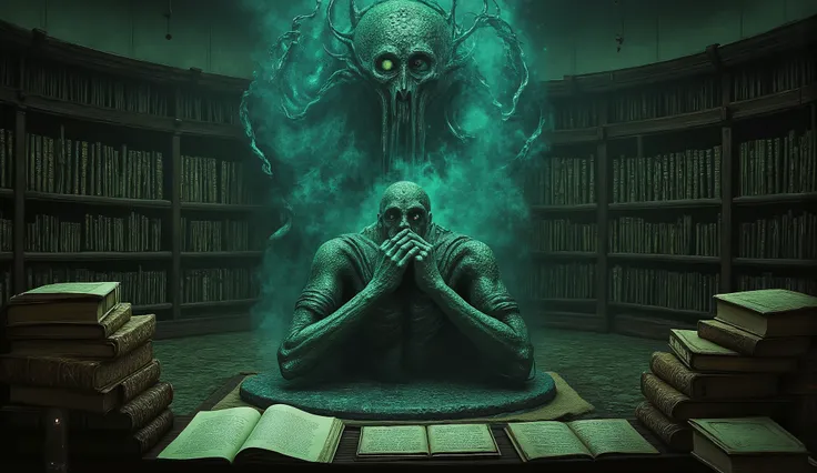 Cursed artifact in a dark library, Lovecraftian horror style, ancient books, ominous aura.