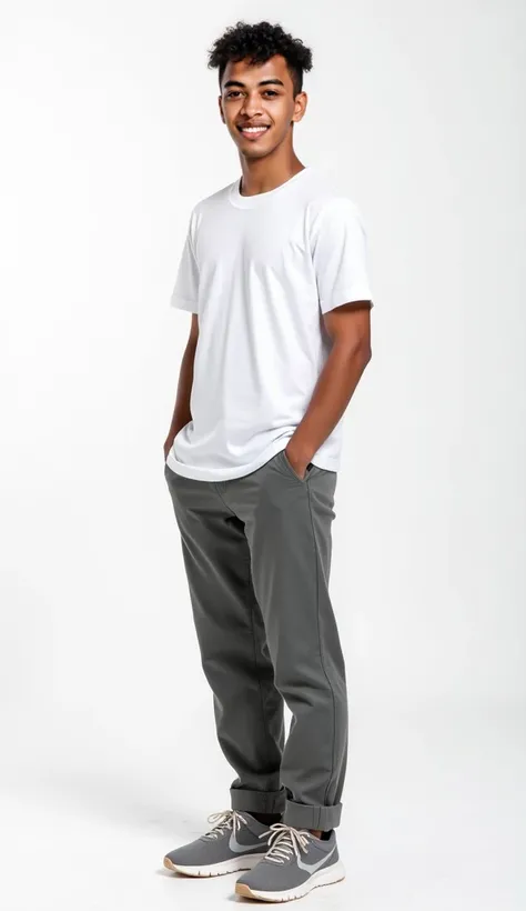 Portrait of a young Indonesian man, 20 year old, smooth light brown skin, sunken almond-shaped brown eyes, strong eyebrows, very short curly black hair, army look hair style, no mustache and no beard, symmetrical face, faint smile, skinny body build, height 165 cm.
Hair style : very short curly black hair, army look hair style
Outfit : Wear White short-sleeved shirt neatly tucked into trousers, gray casual trousers, sport shoes.
Pose : Standing casually with hands in pockets.
Camera Angle : Eye level shot, side view, full body and legs.
Background : Plain white background.
Picture : Photorealistic, High resolusion, cinematic focus, cinematic lighting, color image, cinematic color, detailed skin texture, blurred background, Natural shades.
