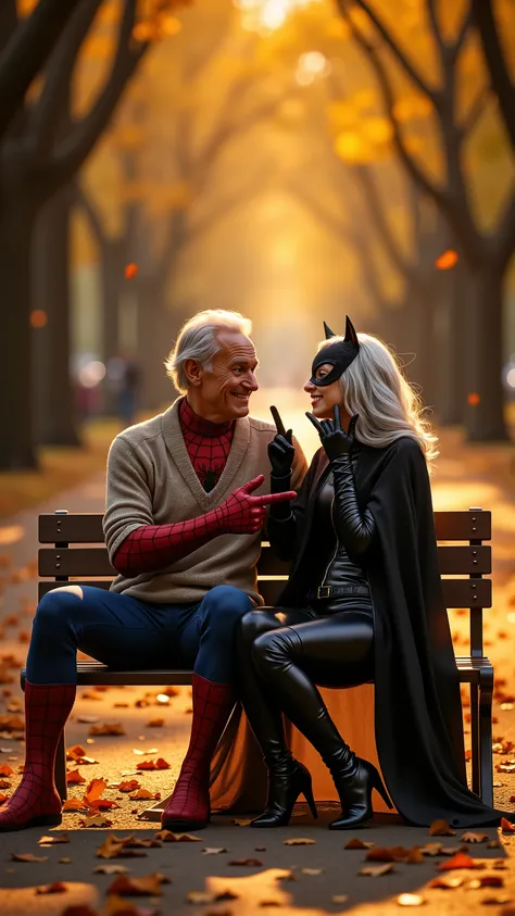 Spider-Man,Peter Parker,A golden autumn afternoon bathes the park in cinematic warmth, casting soft, elongated shadows across an amber-drenched path. At the center of a quiet, tree-lined avenue stands an old wooden bench — slightly worn, yet dignified. Sit...
