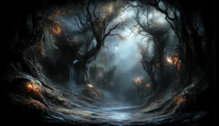 Dark fairy tale forest, twisted fantasy style, malevolent creatures, enchanted yet sinister.