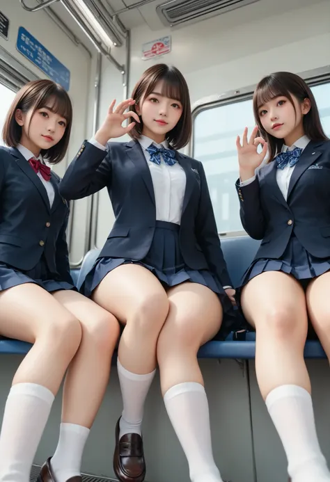  Japanese high school girl, 3 girls,   black blazer, white blouse, a ribbon, too short pleated skirt, white sox, loafers, brown hair, middle breast, sitting on train seat, wide hip, thick thigh, focused on   (little visible panties:0.35), handjob gesture, ...