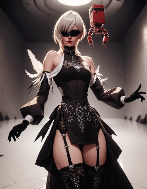 solo, yorha10h, white hair, black blindfold, black dress, short dress, lace-trim, detached sleeves, black gloves, garter straps, thigh-highs, enclosed space, white metal walls, standing in a white walled air-lock, reaching to open the hatch, spindle-shaped hatch handle with a black mark