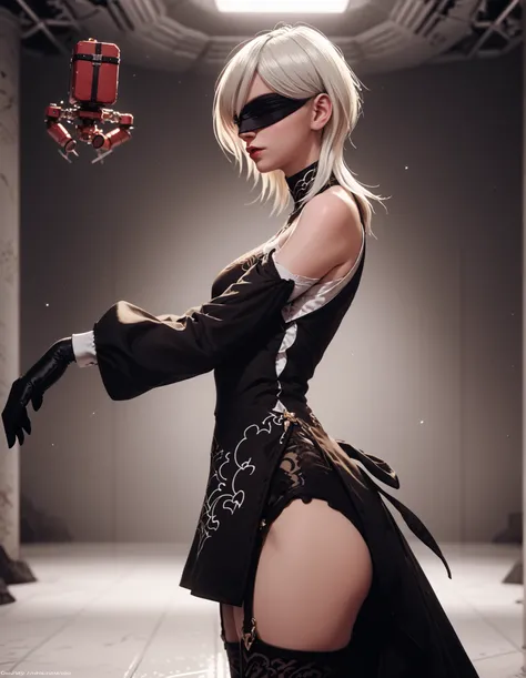 solo, yorha10h, white hair, black blindfold, black dress, short dress, lace-trim, detached sleeves, black gloves, garter straps, thigh-highs, enclosed space, white metal walls, standing in a white walled air-lock, reaching to open the hatch, spindle-shaped...