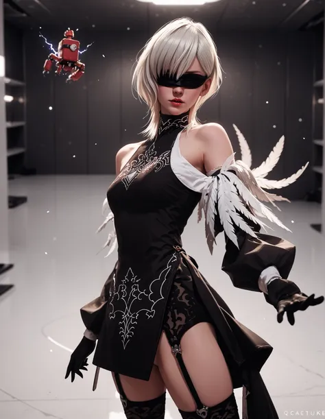 solo, yorha10h, white hair, black blindfold, black dress, short dress, lace-trim, detached sleeves, black gloves, garter straps, thigh-highs, enclosed space, white metal walls, standing in a white walled air-lock, reaching to open the hatch, spindle-shaped...