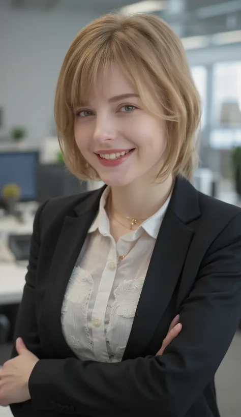 Masterpiece、high quality,masterpiece,(((beautiful bob hair))),ブロンドの髪、、Neat young woman looking at camera、歯を見せた笑顔、office lady suit、jacket、shirt、necklace、background is office