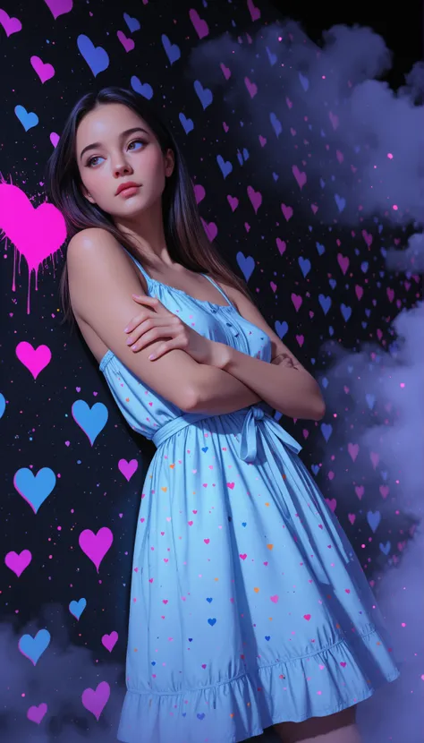 1girl, woman, e-girl, 
absurdres,
looking over shoulder,crossed arms while leaning on wall,
close-up angle,
neon, complementary colors, dark_background, simple background, blue_mist, fog, fog, front particles,
sundress, polkadot, thighribbon, romantic, cas...