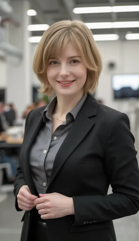 Masterpiece、high quality,masterpiece,(((beautiful bob hair))),ブロンドの髪、、Neat young woman looking at camera、歯を見せた笑顔、office lady suit、jacket、shirt、necklace、background is office