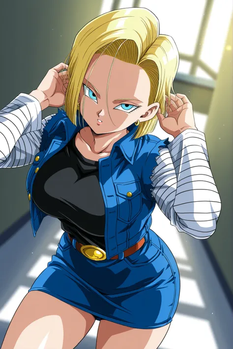  Android 18 (Dragon Ball Z), Large Breasts, Android 18, ZZ Android 18  , blue eyes,  golden hair, short hair, jacket,   denim  ,   denim   jacket, black top underneath,   jewelry, earrings, long sleeve, shirt, skirt for ears, belt, stripes,  upper body, st...