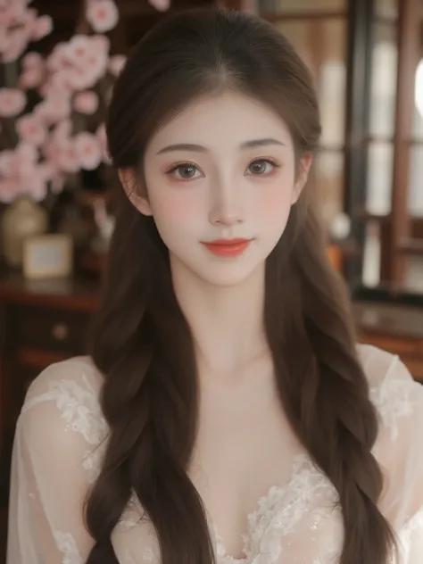 Beautiful girl with round eyes, big nose, famous white skin, with a cute smile, very long hair, dressed in a cute vintage Chinese girl style