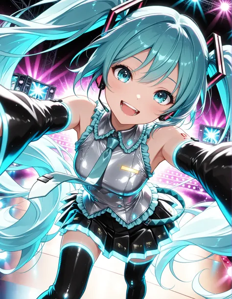 Hatsune Miku, Hatsune Mikuコスチューム, sleeveless silver shirt, Breaking Up Black Sleeves, BLACK PLEATED SKIRT, knee-high boots, colorful , neonライト, open your mouth:1.2, Smile Yan, cowboy shot， dance, standing, face close-up, live stage with frills, vibrant, bl...