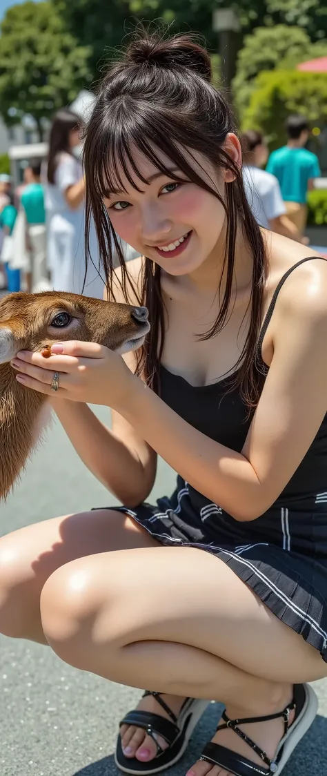 (Thighs close up:1.5),(She is feeding deer crackers to the deer in Nara Park),(She is stroking the deer's head),(Thick thighs),(beautiful girl:1.3),1girl,Black Hair, Round eyes,Black camisole,pleated skirt,legs up,((squatting, spread legs)),


