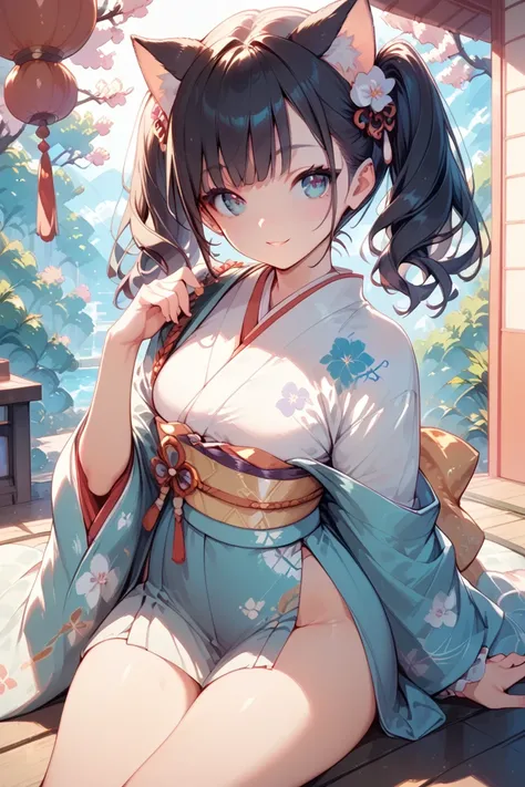cute,a pretty woman posing for the camera in a short kimono, 1girl, solo, japanese clothes, black hair, kimono, twintails, cat ears, 