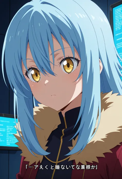 masterpiece, top quality, , animated screen capture, Anime Coloring, , , , 1girl, solo,  rimuru_storm, blue hair, Yellow Eyes, long hair, Bang, hair between eyes, fur trim, ,