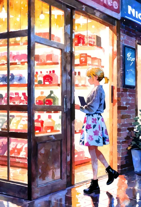 best quality, amazing quality, masterpiece, newest, shiny highlights, no lineart, (watercolor \(medium\):1.4),
1girl, floral skirt, blonde, short ponytail, looking at product, shopping, convenient store, product on shelf, fluorescence light, reflective flo...