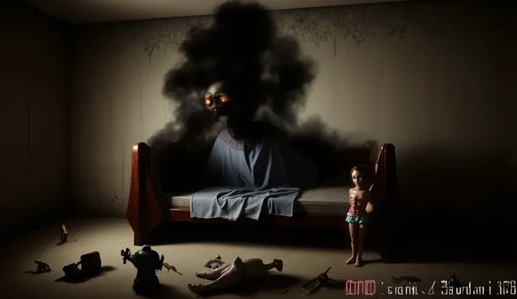 Possessed child in a creepy bedroom, supernatural horror style, eerie toys, unsettling shadows.