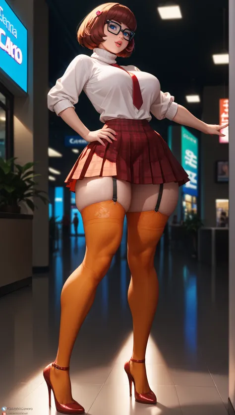 (velma dinkley), (full body),  a woman, Big breasts, thick thighs, sexy pose, beautiful, full lips, blue eyes, bangs, (sexy schoolgirl costume: tight white blouse with red tie, red plaid mini skirt and pleated), fishnet stockings with garter straps, stilet...