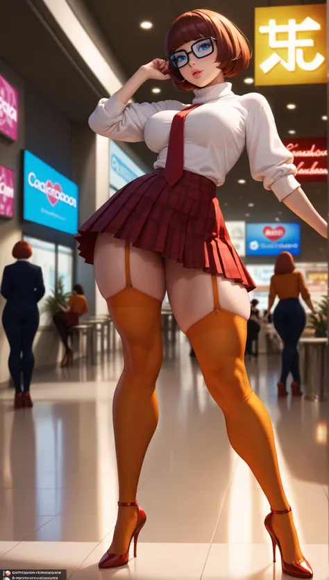(velma dinkley), (full body),  a woman, Big breasts, thick thighs, sexy pose, beautiful, full lips, blue eyes, bangs, (sexy schoolgirl costume: tight white blouse with red tie, red plaid mini skirt and pleated), fishnet stockings with garter straps, stilet...