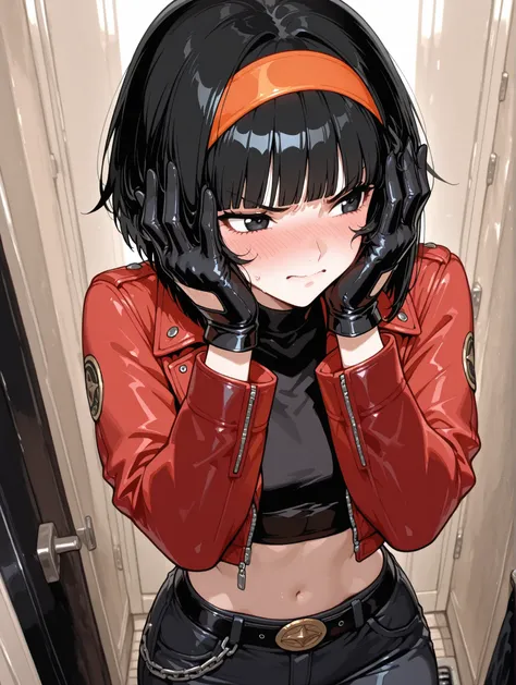 One girl、masterpiece、top quality、32k、masterpiece、full five fingers, short hair, bangs, black hair, gloves, navel, jacket, hairband, open clothes, black gloves, midriff, belt, pants, blunt bangs, black eyes, crop top, black shirt, red jacket, cropped jacket...