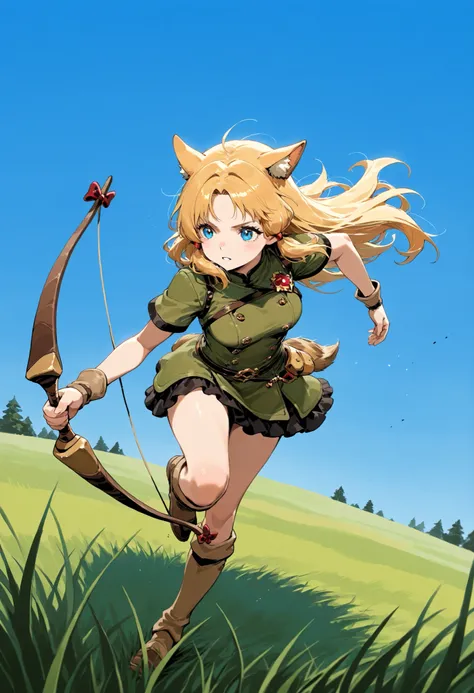 one girl, running through the prairie, holding bow, under the blue sky, The grass dances,
