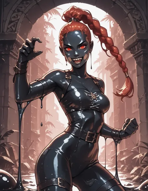 Slender female black slime-body. She has black slime-skin. Cute 18-year-old black aztec slimegirl assassin with big Asian red eyes and unnaturally sharp teeth. Black slime drips from her body. Sharp and pointy teeth. She has a cute and beautiful face. She ...
