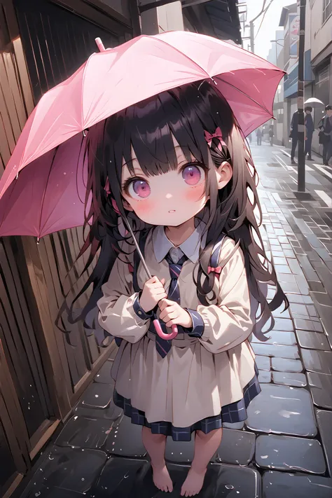 (One personの少女)、One person、Solo Photo、uniform、Barefoot、dark haired、long hair、stupid hair、ribbon on head、(Primary school student 1.2)、with a young face、(child)、Sleepy face、full body image、face up with ties、highlight face 、Hold an umbrella、Legs、、Outdoors、rai...