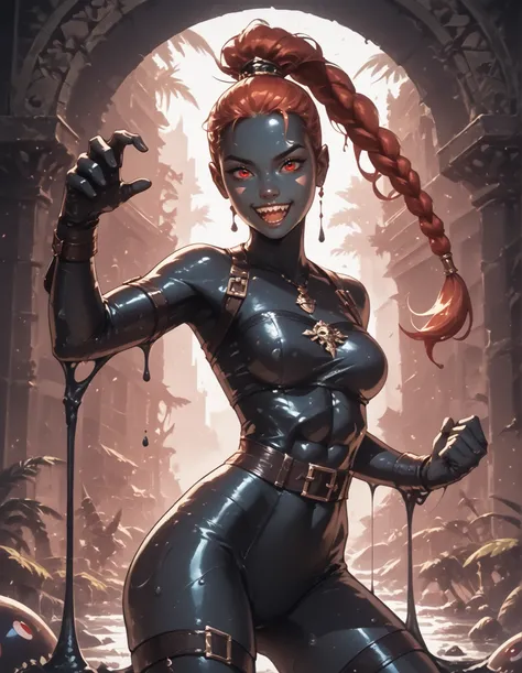 Slender female black slime-body. She has black slime-skin. Cute 18-year-old black aztec slimegirl assassin with big Asian red eyes and unnaturally sharp teeth. Black slime drips from her body. Sharp and pointy teeth. She has a cute and beautiful face. She ...