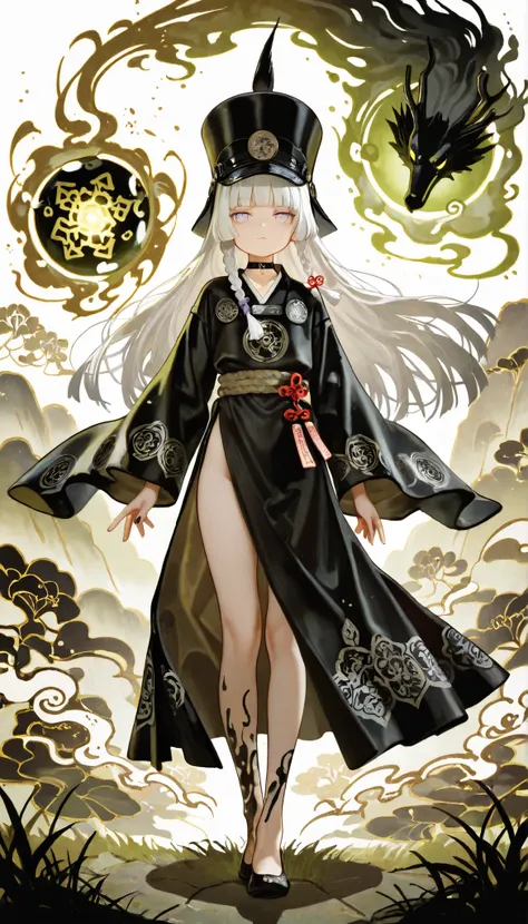 1girl, light lavender eyes, jitome, white Hair, blunt bangs, hime cut, small chest, big hat, black clothes, high waist, long Side slit skirt, Choker, bare legs, foot, black nails, flower pattern, masterpiece, best quality, Perfect details, perfect composit...