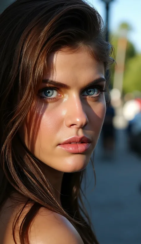 Ultra-realistic 8K cinematic portrait of Alexandra Daddario in blue, focusing only on the face. Her penetrating blue eyes shine with cold intensity, and her facial expression shows determination and strength. natural textoure, with realistic pores and ligh...