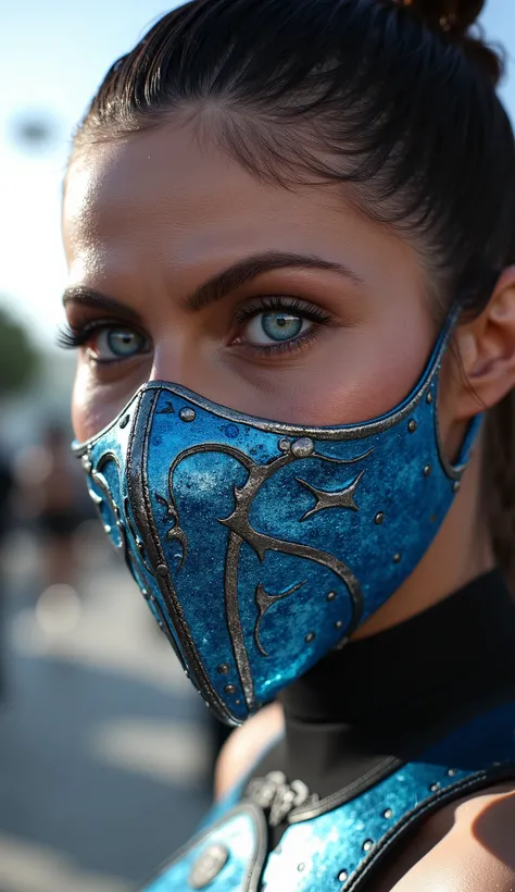 Ultra-realistic 8K cinematic portrait of Kitana (Mortal Kombat), focusing only on the face. Her blue iron mask is intricately designed, adorned with frozen crystals and silver engravings. Her penetrating blue eyes shine with cold intensity, and her facial ...