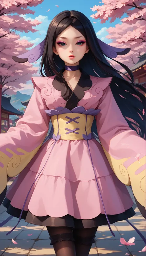 zzValerie, long hair, black hair, hair blowing in wind, big black eyes, highly detailed face, glossy detailed lips, parted bangs, eyeshadow, hair ornament, black pantyhose, choker, dress, furisode, highly detailed clothing, japanese clothes, kimono, long f...