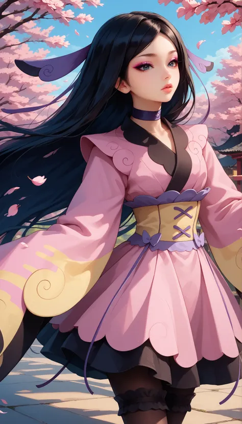 zzValerie, long hair, black hair, hair blowing in wind, big black eyes, highly detailed face, glossy detailed lips, parted bangs, eyeshadow, hair ornament, black pantyhose, choker, dress, furisode, highly detailed clothing, japanese clothes, kimono, long f...