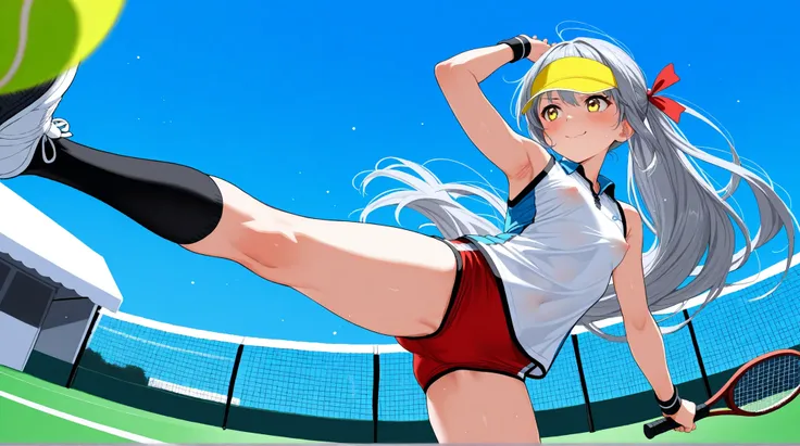 8K (high definition)　(Super Detailed)　(masterpiece)　(top quality)　detailed eyes　detailed faces with ofisu　Detailed hands　Delicate hair　 detailed wrinkles on clothes　very elaborate body dancing in the blue sky　fine skin　(solo)　early 10s　yellow eyes　Childish...
