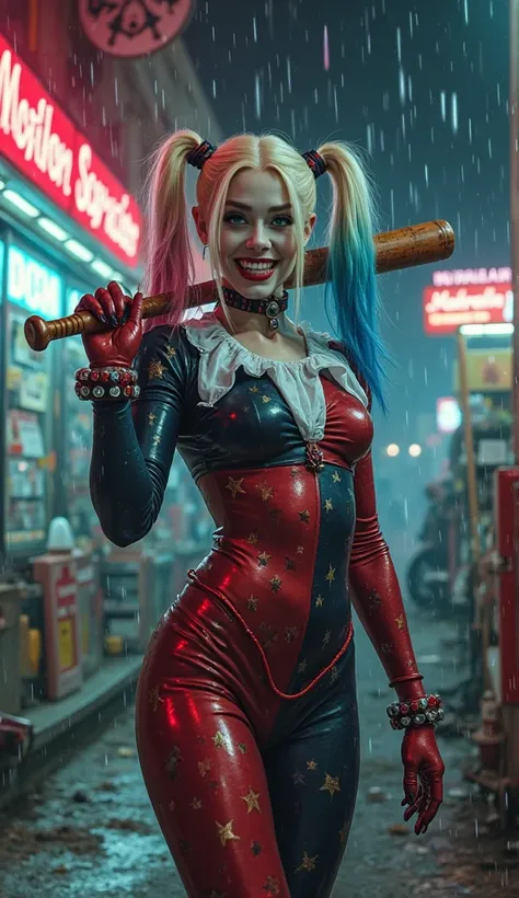 Harley Quinn wreaks havoc on the Midnight Convenience Store with a baseball bat, has fun, and depicts a vibrant world where whimsy and theatricality blend, inspired by harlequin patterns and dramatic lighting., Mysterious