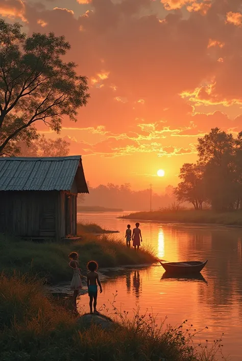 "A breathtaking village sunset scene by a calm riverside. The sky is painted in warm orange and soft red tones as the sun slowly sets on the horizon. A simple tin-roofed house stands near the water, with only its metal rooftop visible from the camera’s ang...