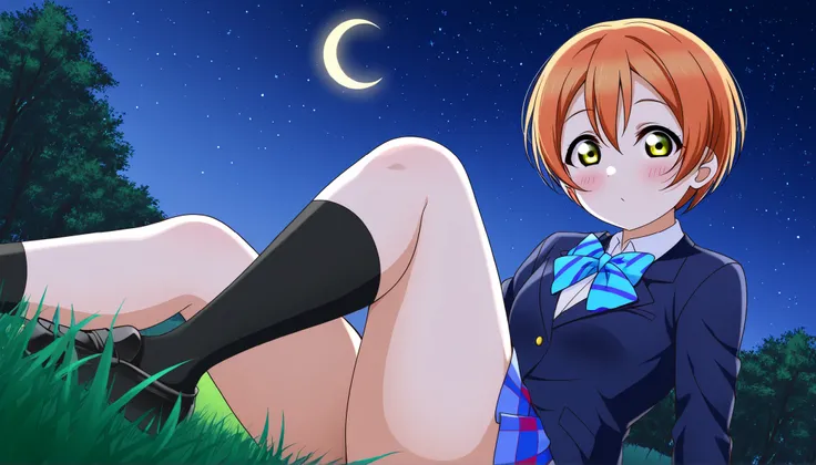 1girl, hoshizora rin, striped, short hair, blush, otonokizaka school uniform, lovelive_rin black blazer, blue plaid skirt, blue stripe bowtie, orange hair, very short hair, hair between eyes, yellow green eyes,thick thighs,knee up,crescent moon, stars (sky...