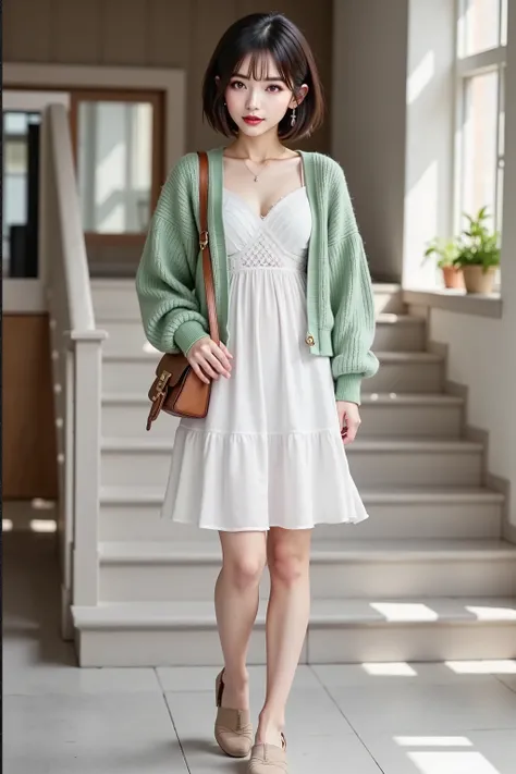((Full Body 2.0)), ((frame up to the foot)), white shirring dress,(( cardigan: knit 、volume sleeve 、Puff Sleeves))、Light Green ,( (wear a white lace camisole under a dress)), small brown handbag to wear under a dress,(( beige sandals 2.0)), Short Hair, wo...