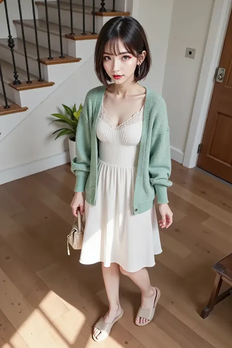 ((Full Body 1.5)),white shirring dress,(( cardigan: knit 、volume sleeve 、Puff Sleeves))、Light Green ,( (white lace camisole:Wear it under a dress)), small brown handbag to wear under a dress,(( beige sandals)), Short Hair, working on a computer with slend...