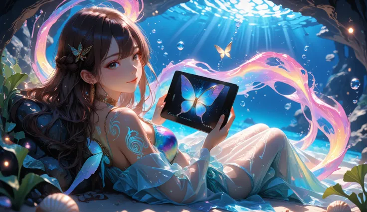 Masterpiece, detailed image, vivid colors, 4k, cinematic photography, dynamic angle, perfect human anatomy, an androgynous marine-themed mascot, dark brown or tan skin, shining with pearly hues, her hair flows like seaweed, in shades of dark blue, floating...