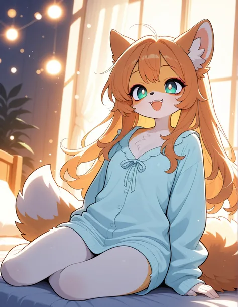 1 girl, solo, fur directly in front of the chest, Dog Woman, Farley, High Quality, Details for 4K printing, delicate texture, Loose, fluffy loungewear, natural makeup, accessories, particle of light, in the room, 1 girl sitting, full body, warm lighting,...