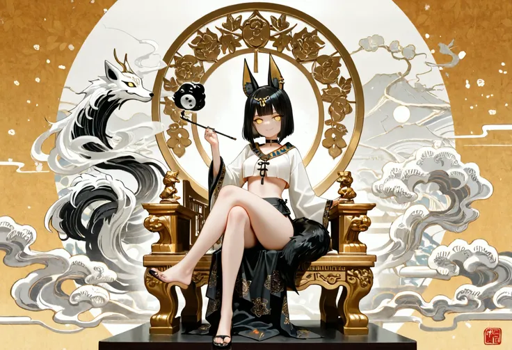 1girl, yellow eyes, jitome, black long stright hair, long bob hair, straight bangs, medium Breast, white clothes, jackal tail, cropped top, white anubis girl, slit skirt, flower pattern, Choker, bare legs, foot, black nail polish, slender body, tall girl, ...