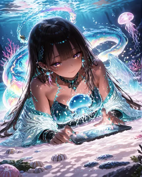  Masterpiece, detailed image, vivid colors, 4k, cinematographic photography, dynamic angle, perfect human anatomy, an androgynous sea-themed mascot girl with dark brown or bronze skin, glowing with nacreous undertones. Her hair flows like seaweed, in hues ...
