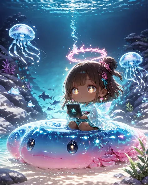  A cute chibi-style androgynous mascot girl with dark brown or bronze skin and soft glowing undertones, big sparkling eyes full of curiosity and kindness. Her puffy lavender and turquoise hair floats like seaweed, forming soft waves around her head. She ri...