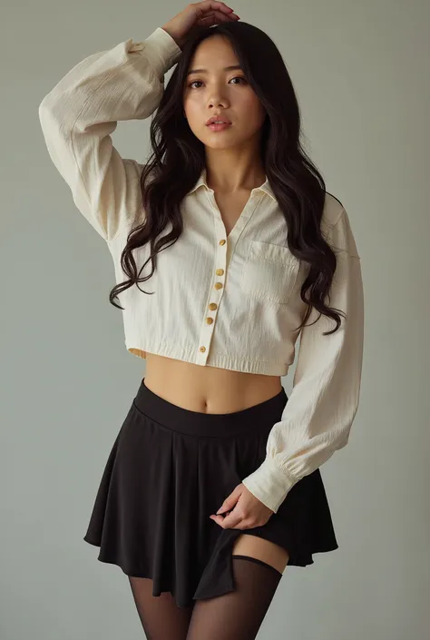 A woman in a sexy school girl uniform is posing in a sexy pose
