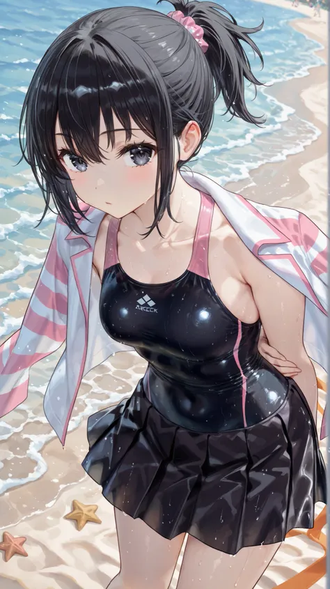((Top Quality)) (Excellent) (Details) Girl wearing a black swimsuit with a black skirt, pink stripes on the shoulders, a thin white top, short ponytail, black hair, black eyes, beach