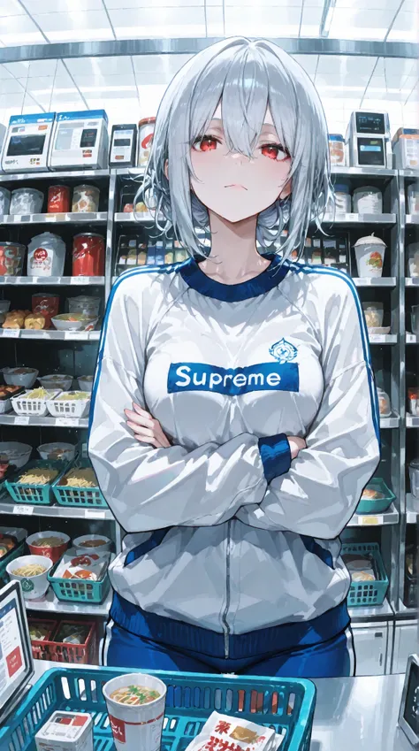 Supreme Masterpiece、top quality、   on the other side、beautiful 20-year-old woman with a dismissive expression 。short silver hair、Provocative eyes。healthy white skin stand out。front lining、Potato jersey clothes 。her curves are emphasized。small breasts、Small...