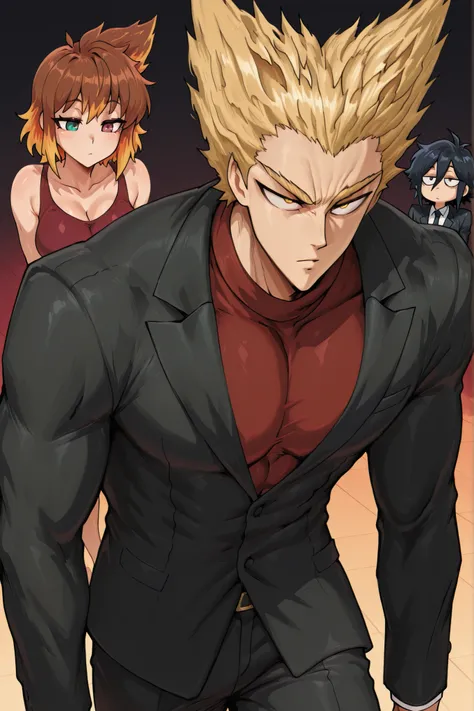 hazelnut colored eyes. sunny-colored hair. 180cm 75kg. 265 foot cm. Firm Idol Body. ratio of non-women is good. Men's Natural Garma Perm. red wine-colored shirt. black suit. expressionless face.  intelligent . guy 1, male, Garou