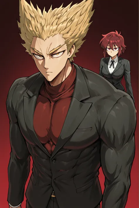 gold-colored eyes. silvery hair. 180cm 75kg. 265 foot cm. Firm Idol Body. ratio of non-women is good. Men's Natural Garma Perm. red wine-colored shirt. black suit. expressionless face.  intelligent . guy 1, male, Garou