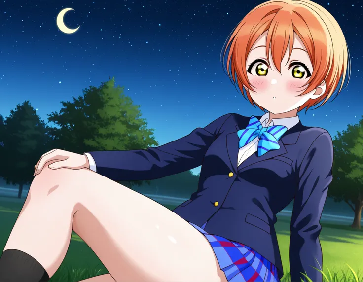 1girl, hoshizora rin, striped, short hair, blush, otonokizaka school uniform, lovelive_rin black blazer, blue plaid skirt, blue stripe bowtie, orange hair, very short hair, hair between eyes, yellow green eyes,thick thighs,knee up,crescent moon, stars (sky...