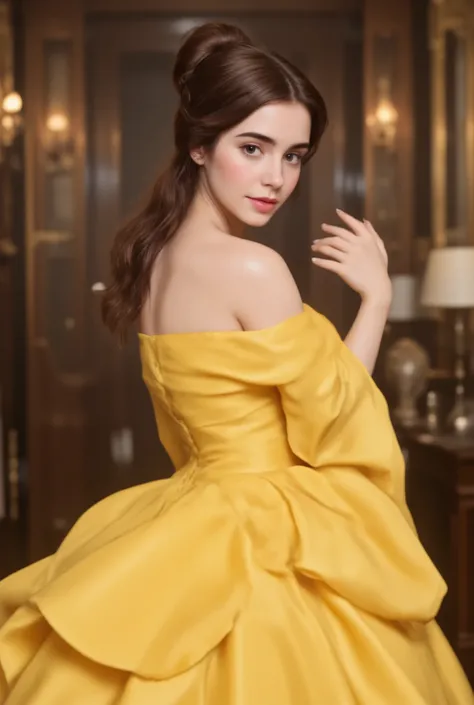 D-Belle, A detailed digital portrait of Lily Collins reimagined as Belle from Beauty and the Beast. She is wearing Belle's signature outfit — a yellow off shoulder princess dress. Her hair is styled like Belle's classic long, brown hair, tied back in a low...
