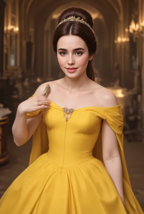 D-Belle, A detailed digital portrait of Lily Collins reimagined as Belle from Beauty and the Beast. She is wearing Belle's signature outfit — a yellow off shoulder princess dress. Her hair is styled like Belle's classic long, brown hair, tied back in a low...